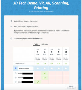 Screenshot of Doodle Poll for Scheduling 3D Tech Sessions